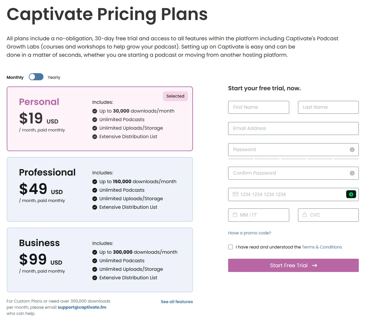 Captivate pricing page with monthly billing: Personal $19, Professional $49 and Business $99 per month, next to the free trial sign-up form