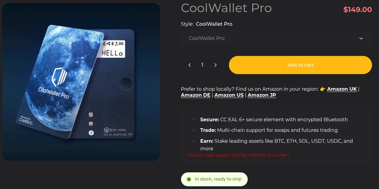CoolWallet Pro product page: $149, CC EAL 6+ secure element with encrypted Bluetooth, swaps, futures trading and staking listed, in stock
