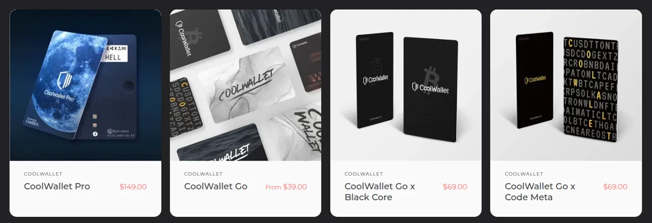 CoolWallet store listing: CoolWallet Pro $149, CoolWallet Go from $39, Go Black Core and Code Meta sets $69