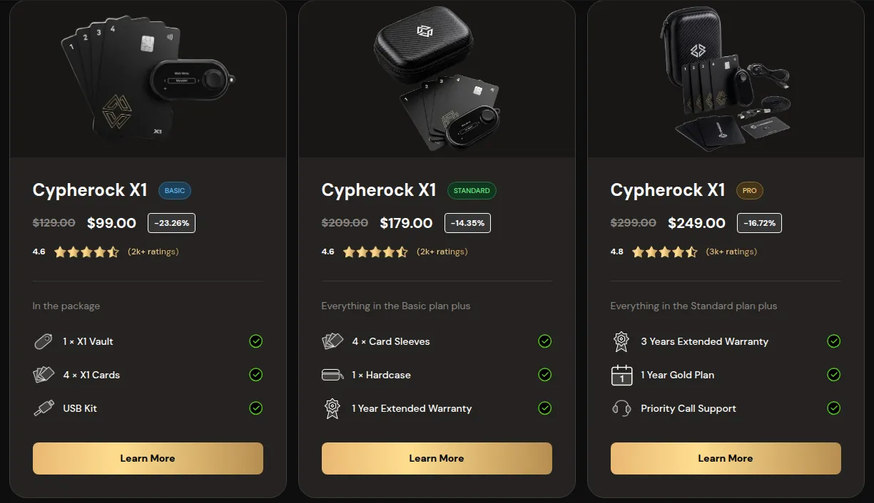 Packs Cypherock X1 sur la boutique officielle : Basic 99 $, Standard 179 $ et Pro 249 $, avec leur contenu