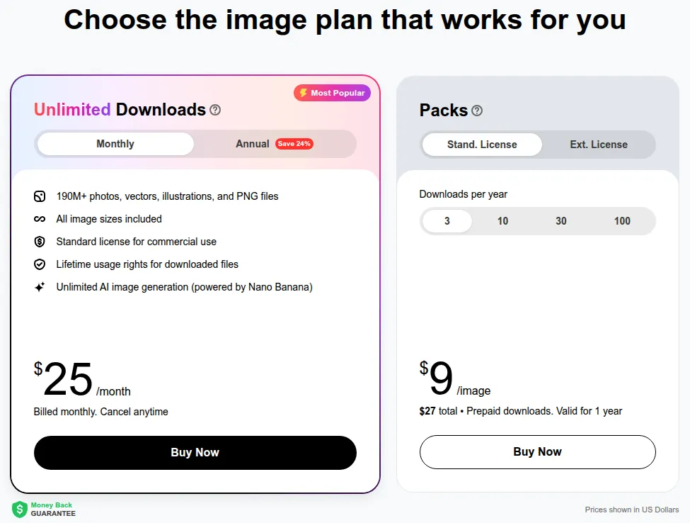Depositphotos image plans: Unlimited Downloads $25/month and Packs from $9 per image ($27 for 3 downloads)