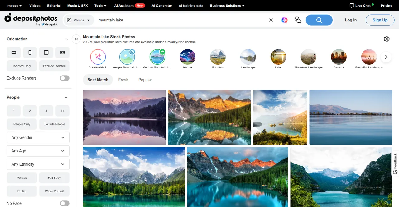 Depositphotos search results for 'mountain lake' with filters for orientation and people and a grid of landscape photos