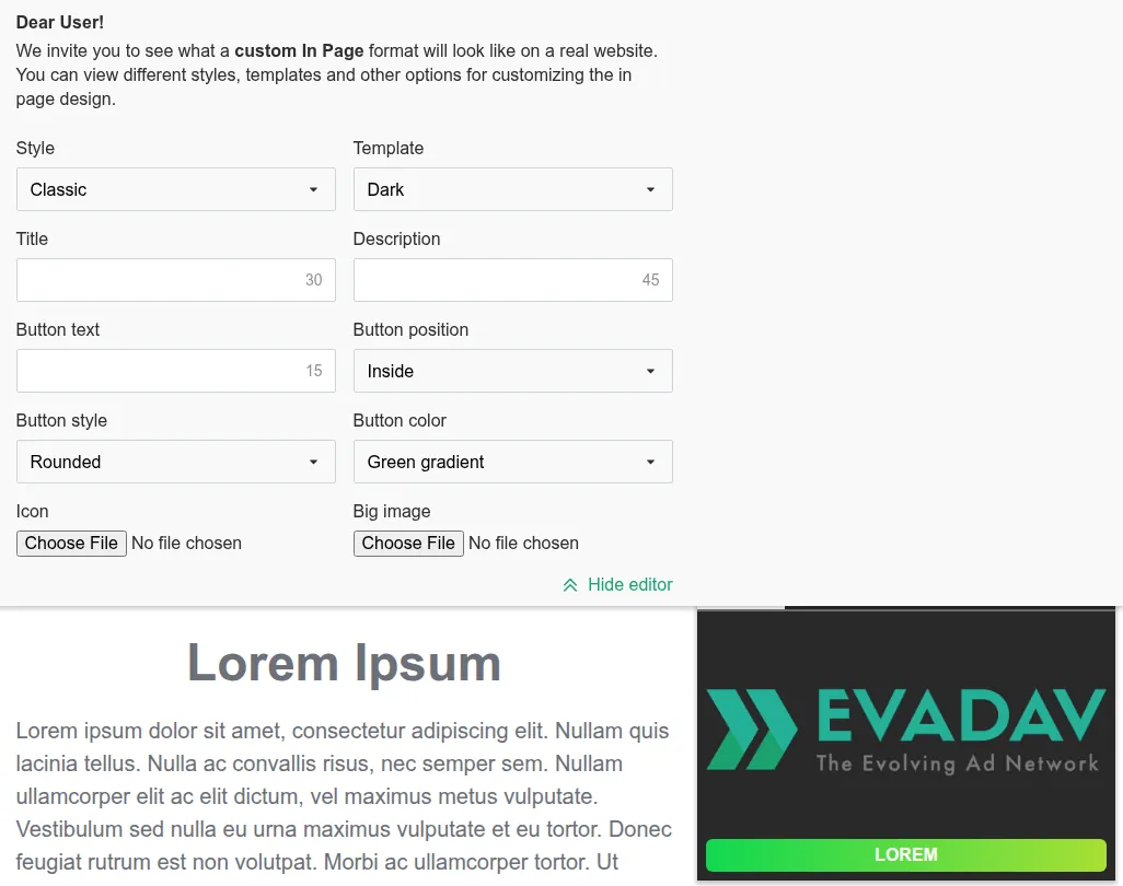 EvaDav In-Page demo editor with style, template, button options and a sample in-page ad on a test page