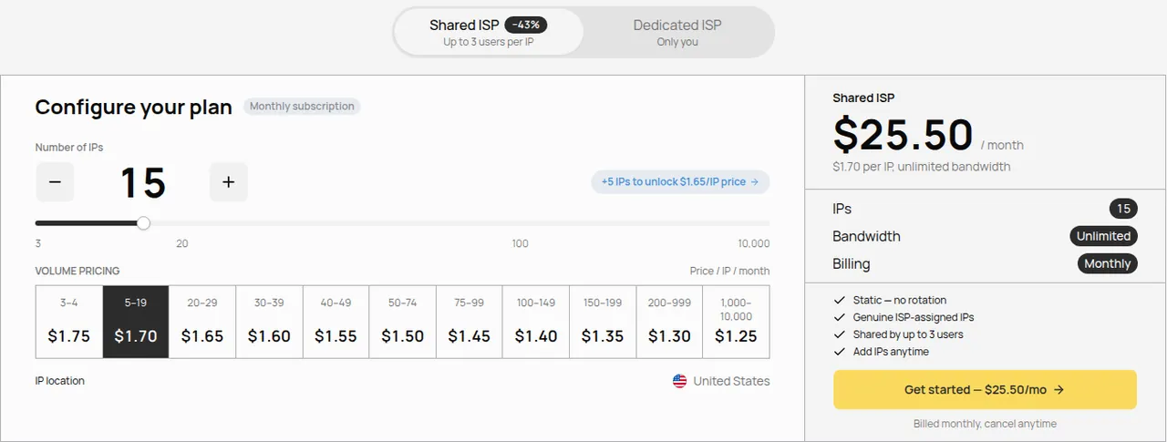 Geonode Tarifrechner für geteilte ISP-Proxies: 15 US-IPs für $25.50 im Monat, Staffelpreise von $1.75 bis $1.25 pro IP