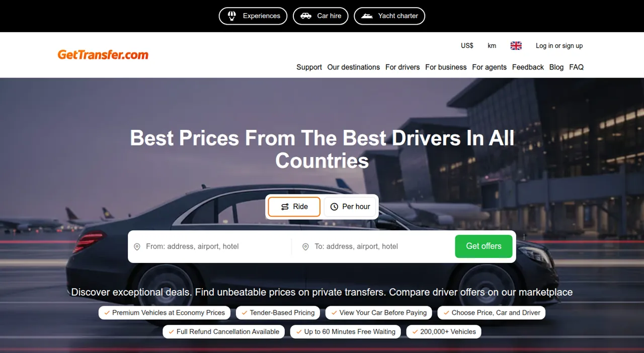 Busca da GetTransfer com abas Ride e Per hour, selos de preço por licitação e até 60 minutos de espera grátis