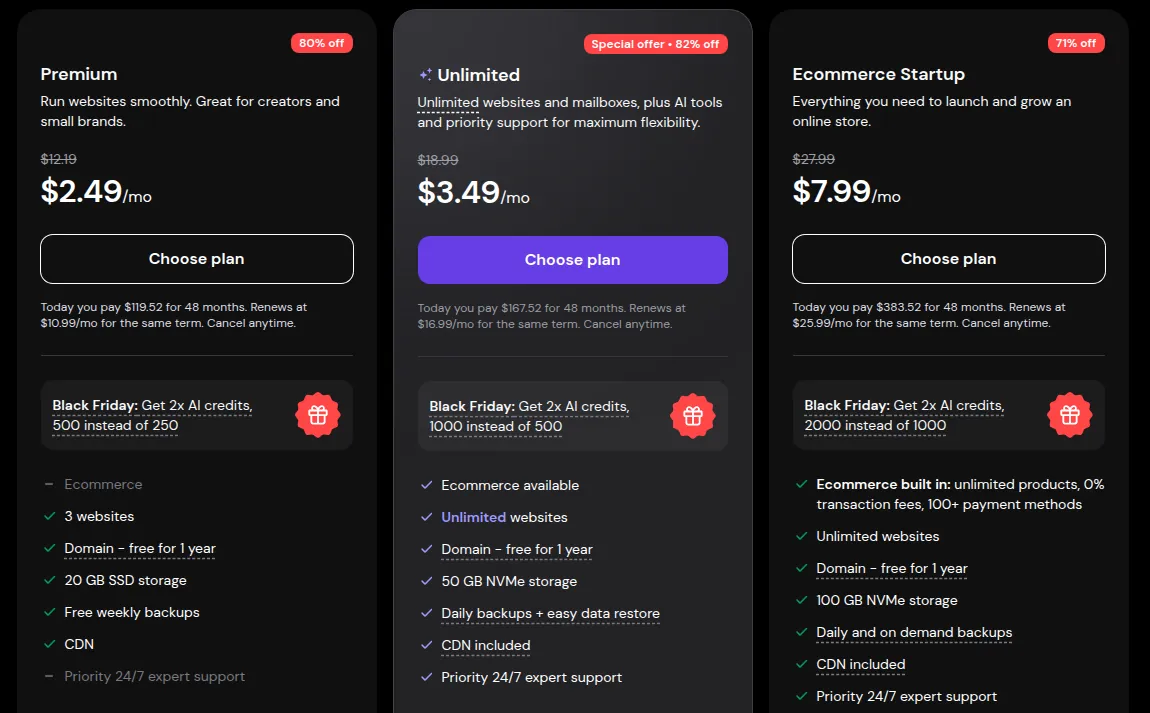 Hostinger web hosting plans: Premium $2.49, Unlimited $3.49 and Ecommerce Startup $7.99 per month on a 48-month term, with renewal prices