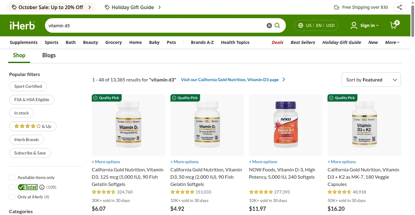iHerb’de D3 vitamini arama sonuçları: filtreler, puanlar, USD fiyatlar ve üst bilgide 30 $ üzeri ücretsiz kargo
