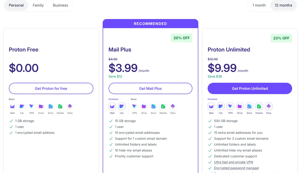 Proton-Mail-Privattarife bei 12-monatiger Abrechnung: Free $0, Mail Plus $3.99/Monat und Proton Unlimited $9.99/Monat mit Speicher- und Adresslimits
