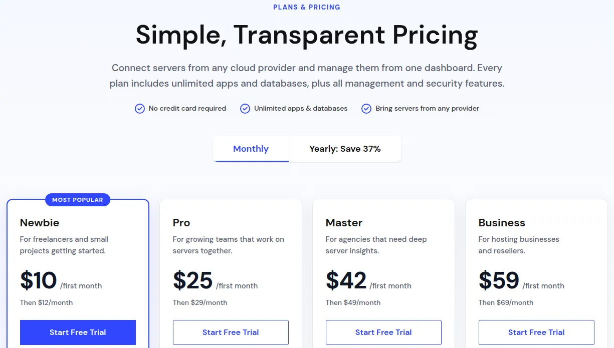 ServerAvatar monthly plans: Newbie $10, Pro $25, Master $42 and Business $59 for the first month, then $12, $29, $49 and $69